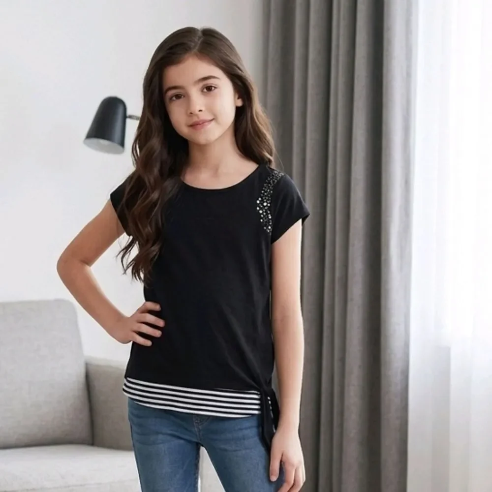 Justice Black Sequin Knit Top Stripe Hem Side Knot Tee Girls Size 10 Trendy Soft